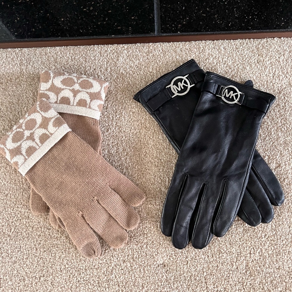 Michael Kors Black Leather Gloves with Silver Emblems and cloth Coach  Gloves